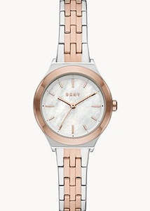 Jewellery: DKNY PARSONS PEARL WHITE DIAL ROSE GOLD STAINLESS BRACELET NY2978