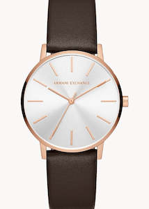 Jewellery: ARMANI EXCHANGE LOLA SILVE DIAL ROSE GOLD CASE BROWN LEATHER AX5592