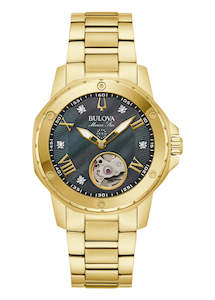 Jewellery: BULOVA LADIES MARINE STAR AUTOMATIC DIAMOND PEARL DIAL GOLD 97P171