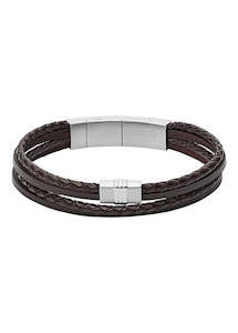 Jewellery: FOSSIL JEWELLERY LEATHER BROWN MULTI STRAND BRAIDED BRACELET JF02934040