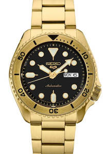 Jewellery: SEIKO 5 SPORTS AUTOMATIC BLACK DIAL GOLD STEEL BRACELET SRPK18J-8