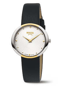 Jewellery: BOCCIA LADIES TITANIUM PATTERN DIAL BLACK LEATHER BAND 3364-03