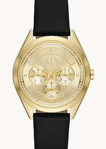 Jewellery: ARMANI EXCHANGE LADY GIACOMO GOLD DIAL BLACK LEATHER BAND AX5656