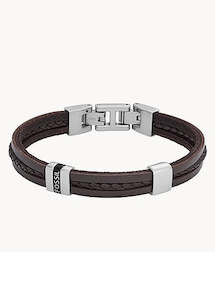 Jewellery: FOSSIL JEWELLERY LEATHER ESSENTIALS BROWN STRAND BRACELET JF04133040