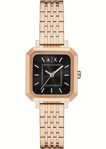 Jewellery: ARMANI EXCHANGE LEILA SQUARE BLACK DIAL ROSE GOLD BRACELET AX5729