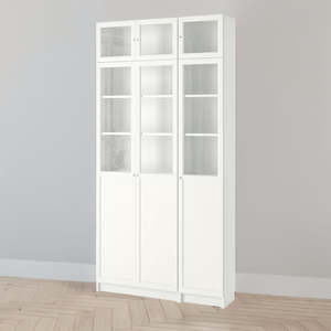 Furniture: IKEA BILLY Bookcase w glass/panel doors/extension, white, 120x30x237 cm