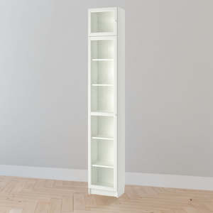 Furniture: IKEA BILLY Bookcase w glass doors/extension, white, 40x30x237 cm