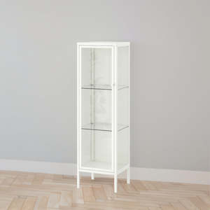 Furniture: IKEA BAGGEBO cabinet with glass door, white, 34x30x116 cm