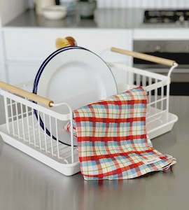 Father Rabbit Tea Towel - Cherry/Blue Tartan