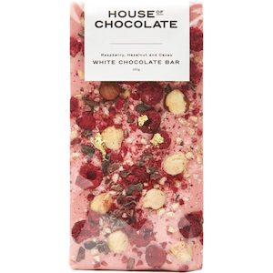 House Of Chocolate Freeze Dried Raspberry, Hazelnut & Cacao Nib White Chocolate Bar