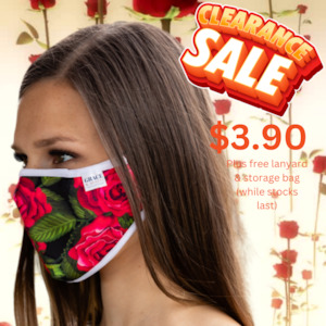 Reusable Fabric Face Mask - with nose wire, Filter Pocket and two 2.5 Filters- Red Rose