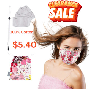 Clothing: Cotton Face Mask Set - 3 Layer 100%  Reusable Face Mask  - Pink Exotic Flower