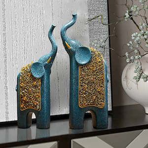 Elegant Turquoise Resin Elephant Ornaments with Gold Caparison - Set of 2 -Free shipping