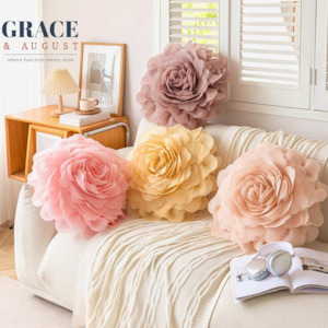 Clothing: Elegant Organza Floral 3D Pillow Cover - Handcrafted Decorative Round Cushion Case for Home Comfort