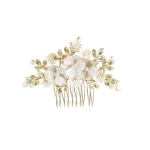 Jewellery: RAICHO (PETITE) - PALE GOLD THREE FLOWER & PEARL CRYSTAL SPRAY