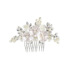 Jewellery: RAICHO (PETITE) - SOFT WHITE SILVER THREE FLOWER & PEARL CRYSTAL SPRAY