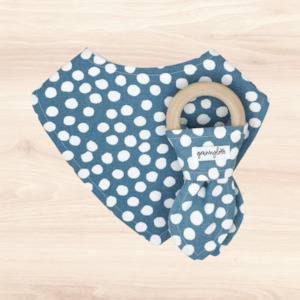 Sky Polka Dot Dribble Bib & Sky Polka Dot Teething Ring