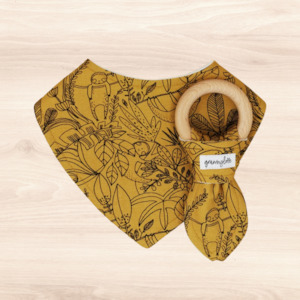 Hanging Sloths Mustard Dribble Bib & Hanging Sloths Mustard Teething Ring