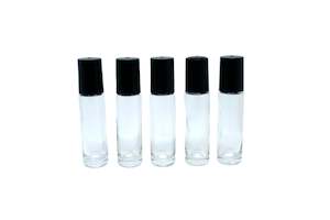 Clear Glass Roller Ball Bottles 10 mL with metal roll-on Black Caps pack of 5