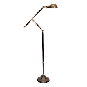 Antiqued Brass Adjustable Floor Lamp with Wooden Detail