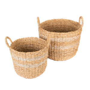 Striped seagrass basket with handle