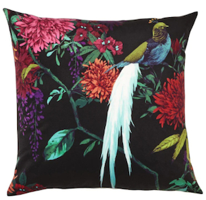 Chintz Velvet Cushion with Bird - Black