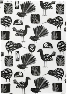 NZ Birds Black on White Tea Towel