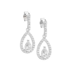 Ellani Silver CZ Pear Open Drop Earrings