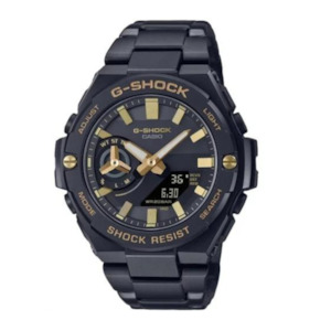 Jewellery: G-Shock Black Steel Watch with Gold Accents