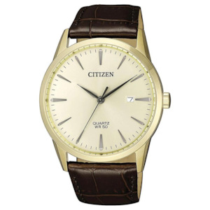 Jewellery: Citizen Gents Quartz Gold Watch with Brown Leather