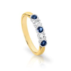 Jewellery: 9ct Yellow Gold Sapphire & Diamond Semi Bezel Ring