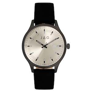 Jewellery: JAG 'Fitzroy' Mens Black Case Watch with Leather Strap