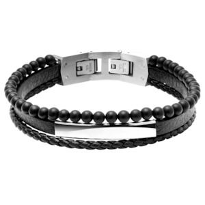 Rochet Mens Black Leather & Steel Bracelet