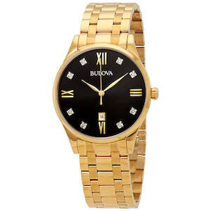 Jewellery: Bulova Gents Gold Watch with Diamonds on Black Dial