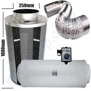 Garden supply: Kit Carbon Filter 250mm x 1000mm, 10 Metre Ducting & Silenced 250mm EC Fan speed adjustable