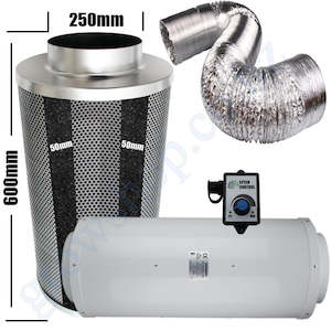 Garden supply: Kit Carbon Filter 250mm x 600mm, 10 Metre Ducting & Silenced 250mm EC Fan speed adjustable