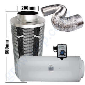 Garden supply: Kit Carbon Filter 200mm x 600mm, 10 Metre Ducting & Silenced 200mm EC Fan speed adjustable