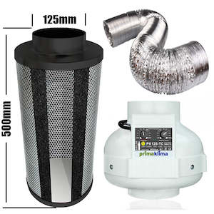 Kit Carbon Filter 125mm x 500mm, 10 Metre Ducting & PK125TC 125mm Centrifugal Temp & Speed