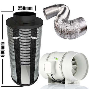 Garden supply: Kit Carbon Filter 250mm x 600mm - 250mm Mixed Flow Fan c/w 2 Speed inline switch & 10 Metres of Ducting