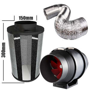 Kit Carbon Filter 150mm x 300mm, 10 Metre Ducting & 150mm Inline Plastic Tube Fan