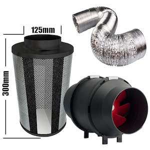 Kit Carbon Filter 125mm x 300mm, 10 Metre Ducting & 125mm Inline Plastic Tube Fan