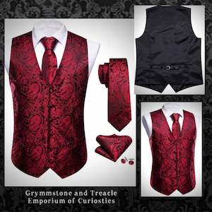 Brocade Waistcoat Set with Tie, Cufflinks and Pocket Square in Carmine Red on Bl…