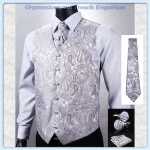 Pale Silver and Grey Paisley Waistcoat Set in Pewter - with Tie, Pocket Square a…