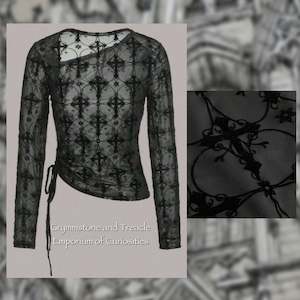 Clothing: Asymmetric Mesh Top with Gothic Cross Velvet Flocking - Size 12