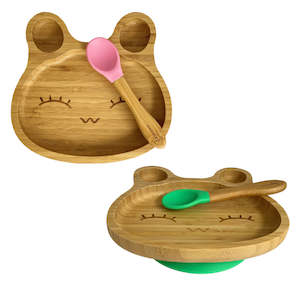 Spill-Free, Natural Bamboo Kids Plate with Suction and Spoon - Comes in 6 different colours