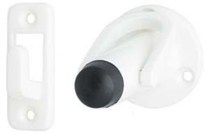 Hardware - domestic: MILES NELSON DOOR STOP ROUND LATCH BACK IN 3 COLOURS : BLACK ,POWDER COAT WHITE ,SATIN CHROME