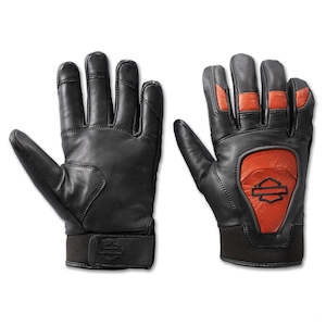 98175-24vm Harley MEN'S OVATION WATERPROOF LEATHER GLOVES - BLACK & VINTAGE ORANGE