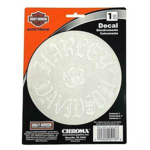 cg25118 Harley-Davidson Rose H-D Script Round Decal - Clear & White - 6 x 8 in.