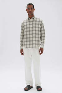 Essentials Mens: Assembly Mercer Linen Check L/S Shirt Limestone/Military Check