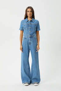 Afends Womens: Afends Miami Hemp Denim Flared Jumpsuit Worn Blue